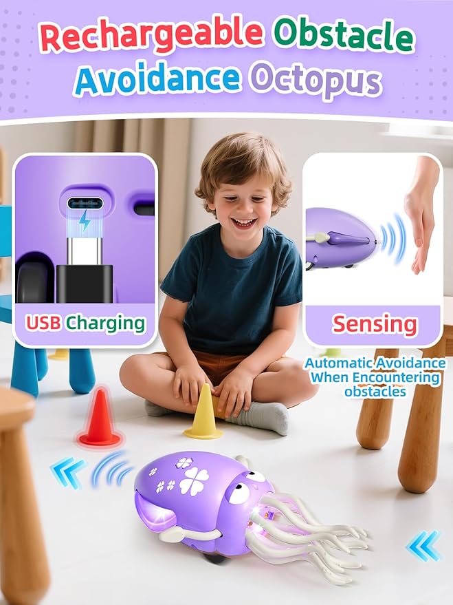 WAVISA Dancing Squid Baby Toy Gifts, Dancing Octopus Tummy Time Toys for 3-6 Months, Crawling Octopus with Music and Light, Squid Baby Toy for 3 4 5 6 7 8 9 10 11 12 Toddler Boy Girl Birthday Gifts