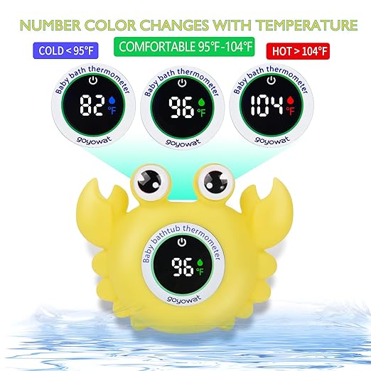 Baby Bath Thermometer Crab Toy - Digital Floating Water Thermometer with LED Display & Color Alerts for Infants, Cute Bath Tub Sensor & Safe Bath Time Essential Toy