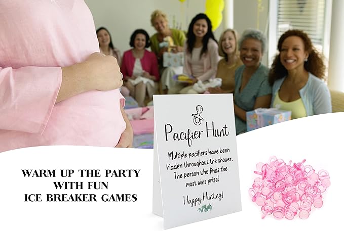 Baby Pacifier Hunt Baby Shower Games, Gender Reveal Game, 8×10 Sign and 50 Mini Acrylic Pacifier, Favorite Adults Kids Games for Baby Shower Activities, Gender Neutral Boy and Girl BPH01