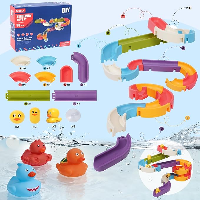 Bath Toys Toddlers（37PCS） Duck Slide Bath Toy Track with 3 Rotating Suction Cups Toys,Bath Toys for Kids Ages 4-8 , DIY Bathtub Time Birthday Gifts for Toddler Kids 3+ Years Old