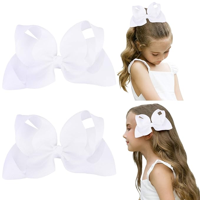 DEEKA 2 PCS 6" Big Hand-made Grosgrain Ribbon Solid Color Hair Bows Alligator Clips Hair Accessories for Little Teen Toddler Girls Kids Set of 2 -White