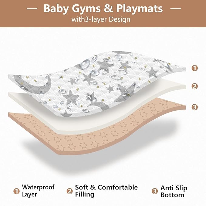 Baby Play Mat Stars Moon Pastel Grey 50 x 50 Playpen Mats for Floor Play Gym Crawling Mat Non-Slip Cushioned Baby Playmat for Infants, Babies, Toddlers