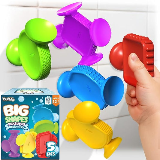 BUNMO Big Shapes Textured Suction Bath Toys for Toddlers 1–3 (5 Pack), Extra Large Silicone Bathtub Toys, BPA-Free Suction Cup Toys, Bath Toys for Kids Ages 1+, Sensory Bath Toys