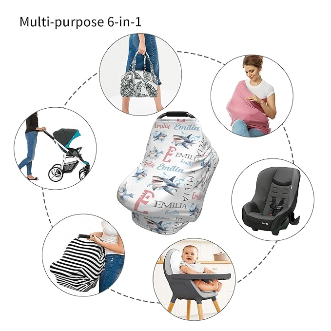 Personalized Baby Car Seat Cover with Name Stroller Canopy Custom Shark Carseat Cover Newborn Baby Boy Girl Nursing Cover for Moms First Birthday Gift