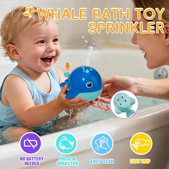 Baby Bath Toys for Kids Ages 1-3, Mold Free Toddler Bath Toys with 3 Stacking Cups & Spinning Wheel and Whale Bath Toy, Variety Bathtub Sand Beach Pool Water Table Toys for 1+ Year Old Boys Girl Gifts