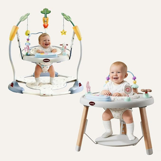 CuddoBaby Baby Jumper 4-Stage Convertible| Montessori -Inspired 8 Interactive Toys| Tummy Time Playmat, Bouncer, Exersaucer, Toddler Table| Music & Lights | 3-6, 6-12, 12-18, 12-24 Months - Gray