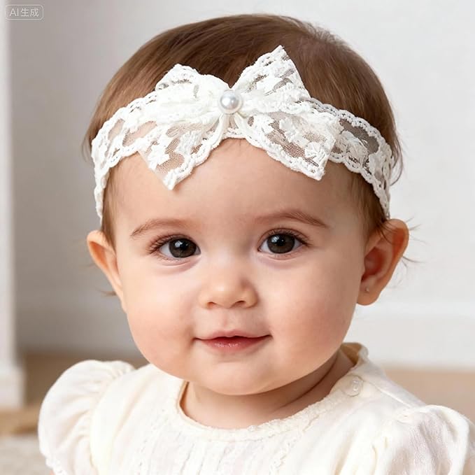 Baby Girls Hairbands bows Headband Stretchy Soft Flower Hairband Toddler Handmade Headbands with Pearls Elastic Headband for Infant Toddler Girl Hair Accessories (Pearl Lace Bow, Elastic)