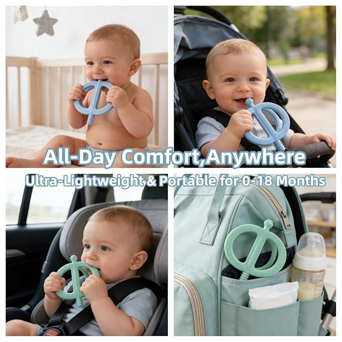 Baby Teething Toys Easy to Hold - 100% Food Grade Silicone Teething Ring for Babies 0-18 Months - BPA Free Teething Pain Relief for Infants 3-6-12 Months,Blue&Teal