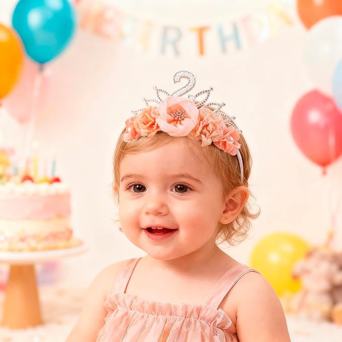 cherrboll Baby Girl Birthday Crown Floral Headband, Soft Flower Head Wrap Tiara Hairband for 1-3 Years Old Toddlers Kids 2nd Birthday Party Dress Photo Decoration