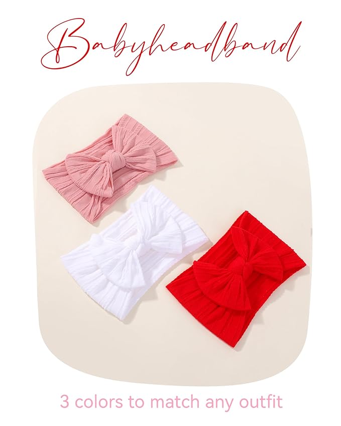 jollybows 3PCS Baby Bows Headbands Soft Nylon Baby Girl Headbands for Newborn Infant Toddler Kids Christmas Bow Wide Hairbands Hair Accessories(White Pink Red)