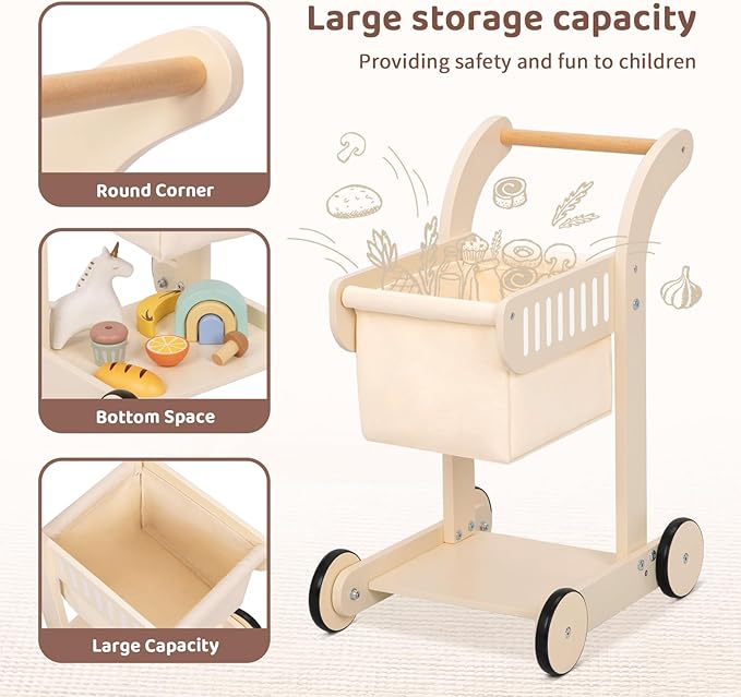 OOOK Baby Push Walker Doll Stroller, Wooden Baby Walker for Girls and Boys, Kids Shopping Cart for Toddlers, Kids Stand Learning Walker with 4 Wheels