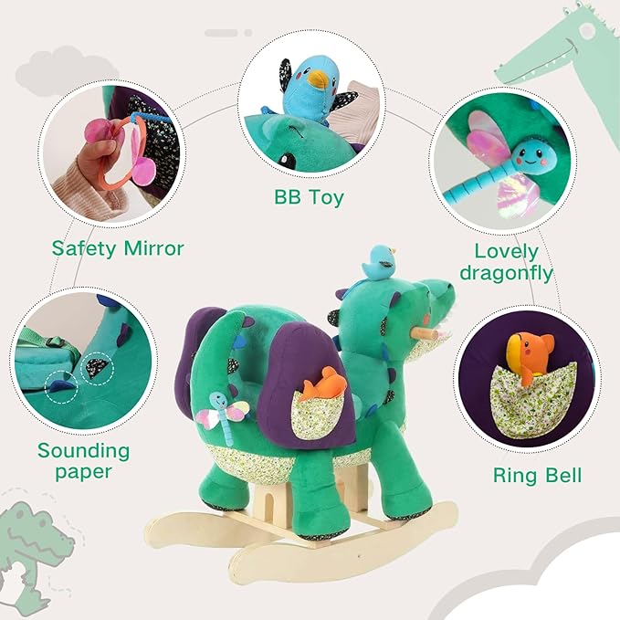 labebe Child Rocking Horse Toy, Stuffed Animal Rocking Horse, Green Crocodile Plush Rocker Toy for Kid 6 Month -3 Years, Wooden Rocking Horse Chair/Rocker/Animal Ride on
