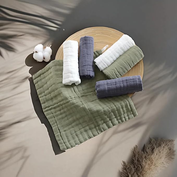 MUKIN Baby Washcloths, Muslin Cotton Face Cloths, Newborn Soft Absorbent Bath Wipes, Burp Cloths or Towels, Pack of 6, 12x12 inches (White,Dark Gray,Tea Green)