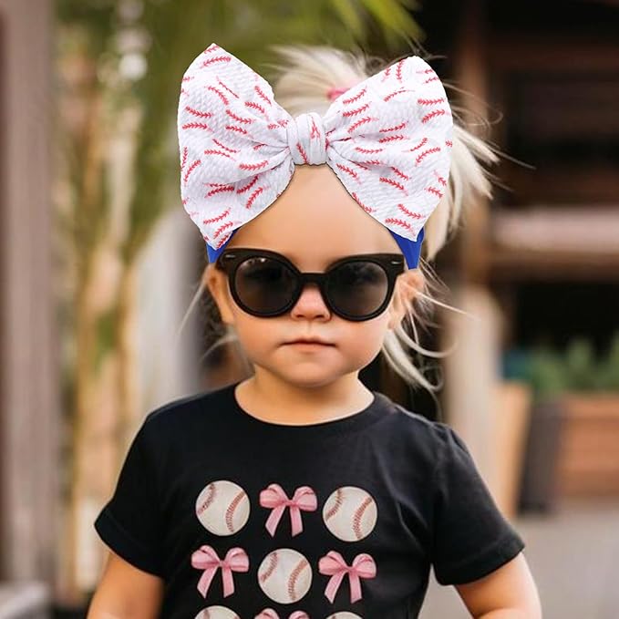 6'' Large Baseball Baby Girl Bows High Stretchy Soft Nylon Headbands for Girl Handmade Hairbands with Bows Hair Accessories for Infant Newborn Blue