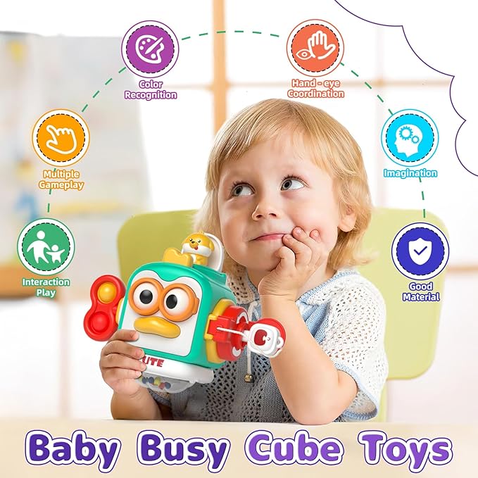 usrela 5 in 1 Baby Toys for 9 12 18 Month, Learning Toy for Babies 6-12 Months, Baby Busy Cube, Stacking&Sensory, Pull String&Piano Xylophone Toy, Birthday Gift for 7 8 9 Month