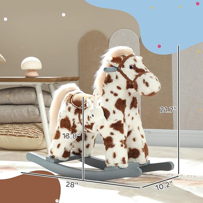 Qaba Rocking Horse, Kids Plush Animal Rocker with Realistic Neighing Sound for Toddlers 2–5 Years Old, Soft Filling Ride on Horse with Rabbit Toy, Brown