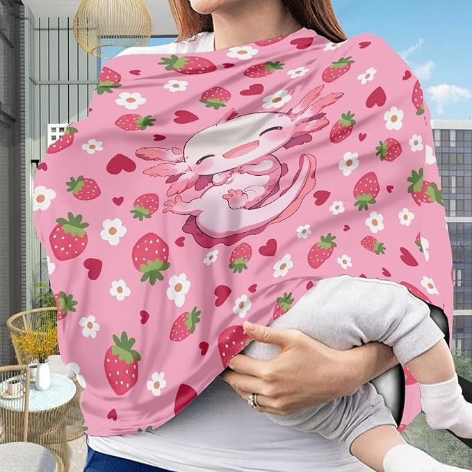 Axolotl Car Seat Covers Canopy Cover - Multi-use Cover Pink Strawberry Carseat Canopy, Breathable Breastfeeding Cover, Reusable Car Seat Covers for Bbies