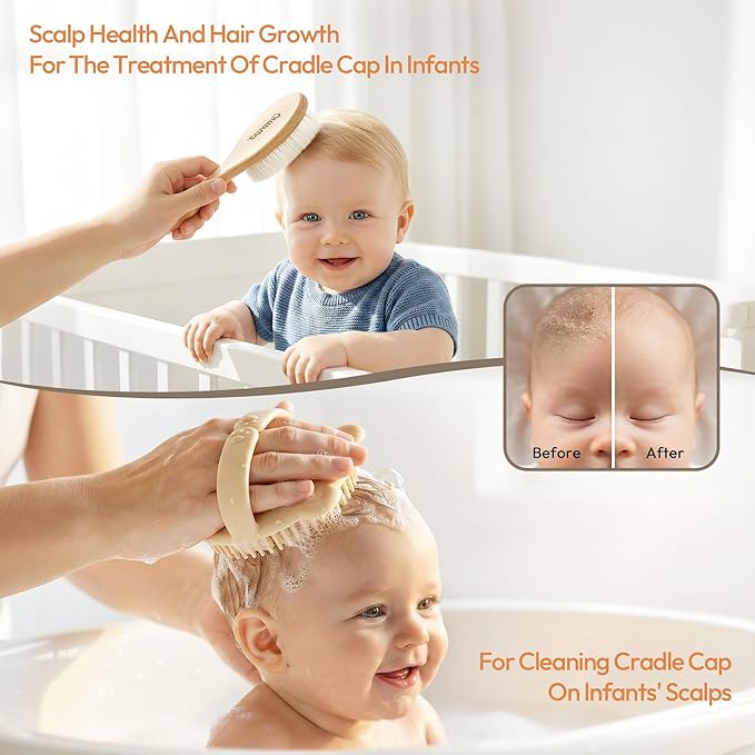 Baby Brush and Comb Set - 4 Piece Wooden Soft Bristle Hairbrush for Newborns, Baby Brush for Cradle Cap - Essentials Care Kit - Baby Shower Gift for Boys & Girls