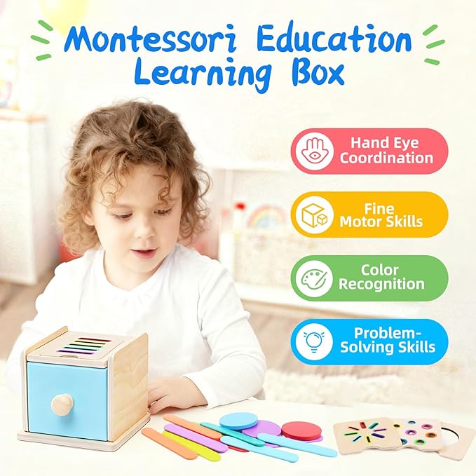 Montessori Toys for 1 2 3 Year Old, 4-in-1 Wooden Montessori Coin Box, Object Permanence Ball Drop Learning Color Sorting Toys for Toddlers 1-3, Gifts for 18 Months Baby Boys Girls