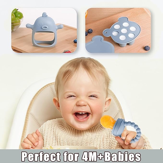 6-in-1 Baby Fruit Feeder Pacifier & Baby Food Feeder Set – Silicone Breastmilk Popsicle Mold with Freezer Tray, Teething Relief Toy, BPA Free Infant Feeder, 3 Sizes (S/M/L) Sacs (Sky Blue)