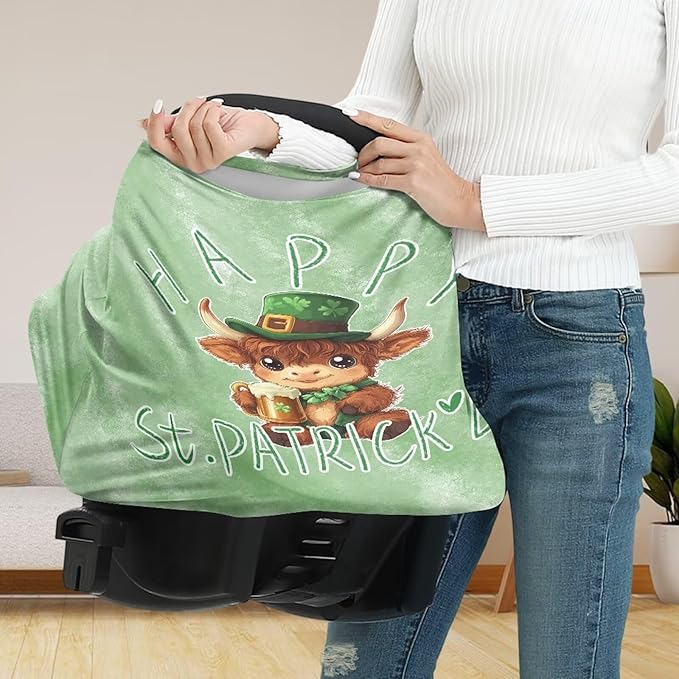 Wanyint Stretchy Baby Car Seat Cover Carseat Canopy for Babies Universal Baby Breastfeeding Stroller High Chair Shopping Cart Cover for Saint Patrick's Day Decor, Highland Cow Beer Green