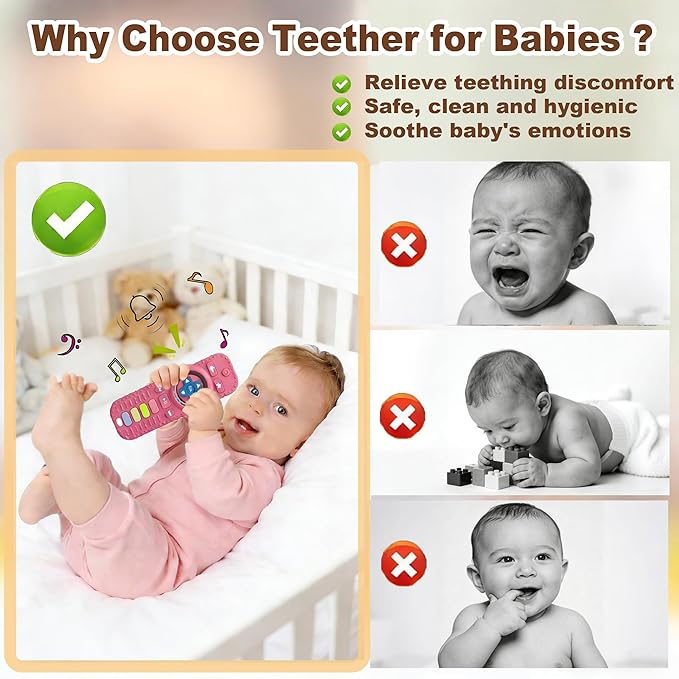 Teething Toys for Baby, Sensory Baby Chew Toy, Rattle Teether Toys for Babies 0-3-6-12 Months, Silicone TV Remote Control Shape for New Baby Gift (Pink)
