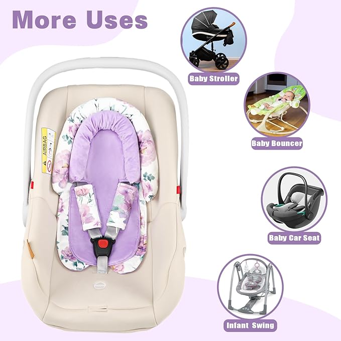 Infant Car Seat Insert, Baby Car Seat Head & Body Support with Strap Pads, Soft Newborn Preemie Carseat Insert Cushion for Girls Boys, Fits Carseat, Stroller, Swing, Bouncer, Purple Floral