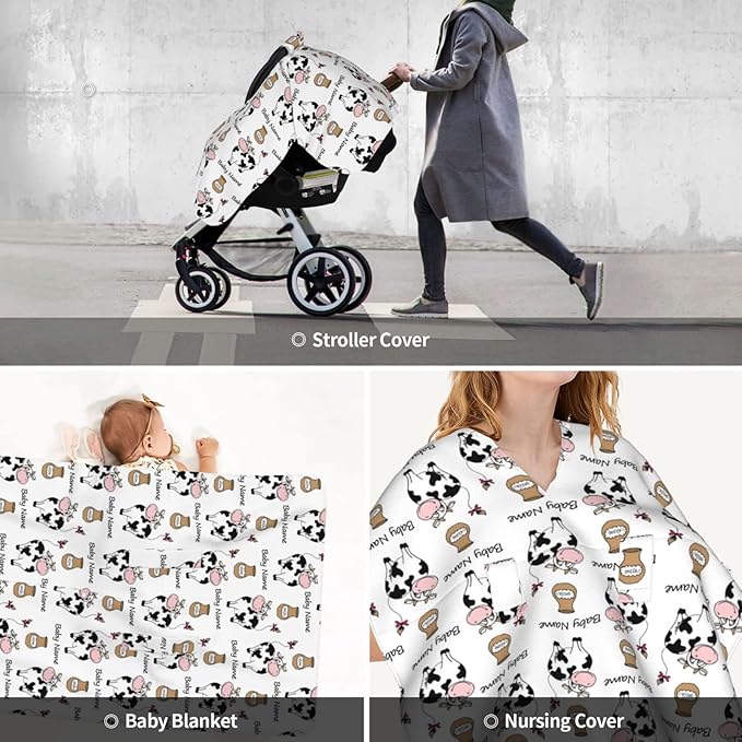 Personalized Smile Cow and Milk Baby Infant Car Seats Canopy for Babies with Name, Custom Car Seat Covers for Baby Boys Girls, Peekaboo Minky Nursing Breastfeeding Stroller Canopies for Newborn