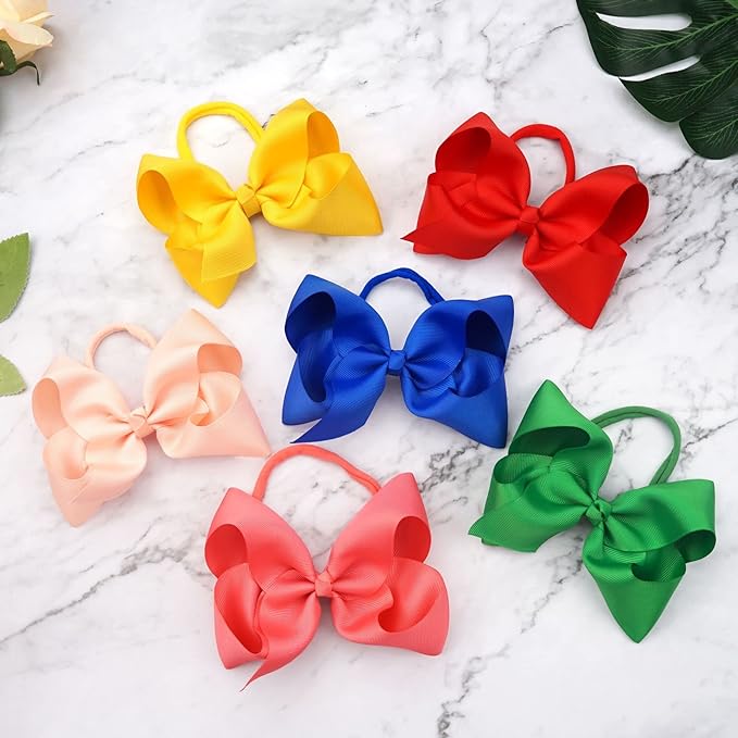 2Pcs 6 Inches Ribbon Baby Girls Headbands Infant Elastic Hairbands Large Cheer Bow Hair Band Accessories for Child Toddlers Girls (White)