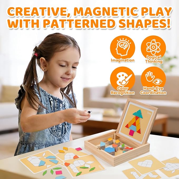 Wooden Magnetic Pattern Blocks Set, 130 PCS Montessori Tangram Puzzle with Design Cards, STEM Educational Learning Toys for Toddlers & Kids Ages 4-8, Creative Gift for Boys & Girls