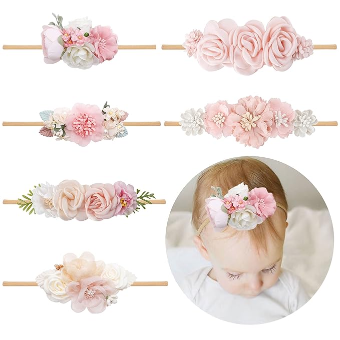 Baby Girl Flower Headband 6 PCS Elastic Hairbands Handmade Nylon Bows Headbands Chic Floral Hair Accessories Kids Gifts for Newborn Infant Toddlers
