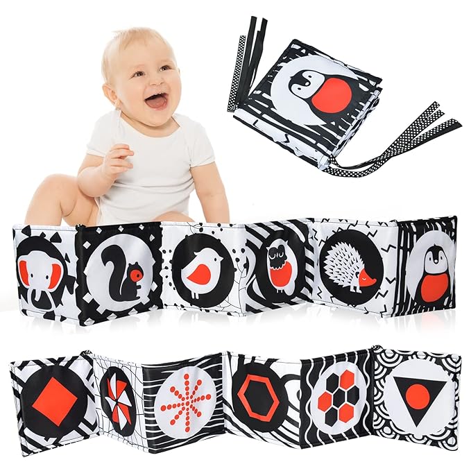 Vicloon Black and White High Contrast Baby Toys, Soft Baby Book for Newborn 0-3-6-12 Months, Infant Tummy Time Toys, Early Education Sensory Toys, Visual Stimulation Folding Cloth Book for Boys Girls