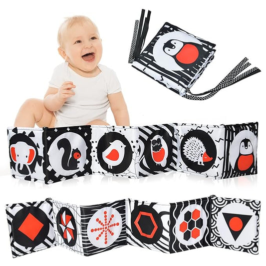 Vicloon Black and White High Contrast Baby Toys, Soft Baby Book for Newborn 0-3-6-12 Months, Infant Tummy Time Toys, Early Education Sensory Toys, Visual Stimulation Folding Cloth Book for Boys Girls