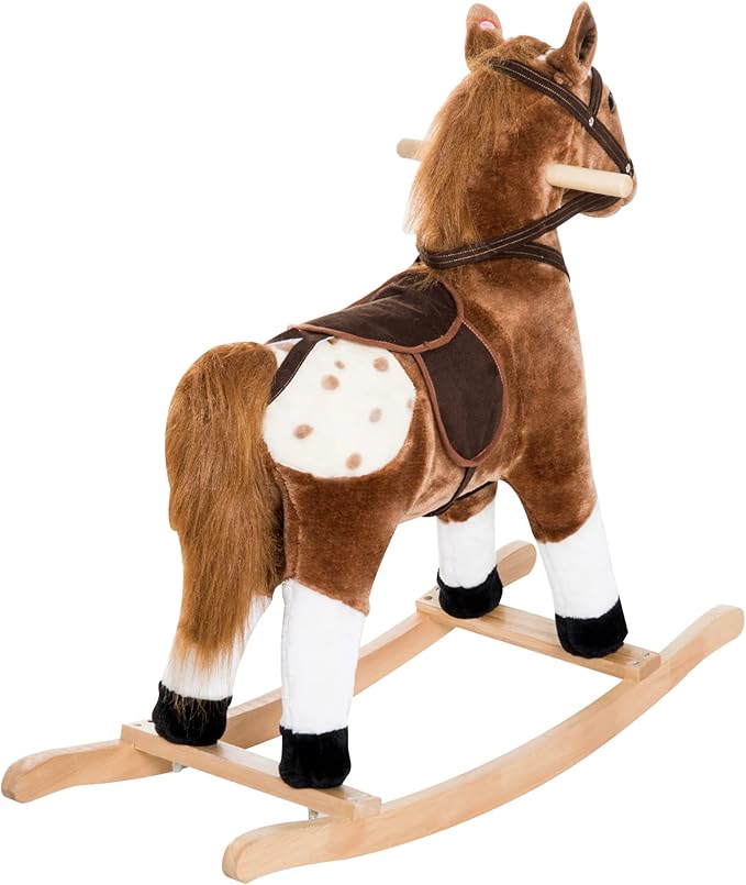 Qaba Kids Rocking Horse Plush Ride On Toy Toddler Rocker for Boys Girls Gifts with Realistic Sounds, Brown