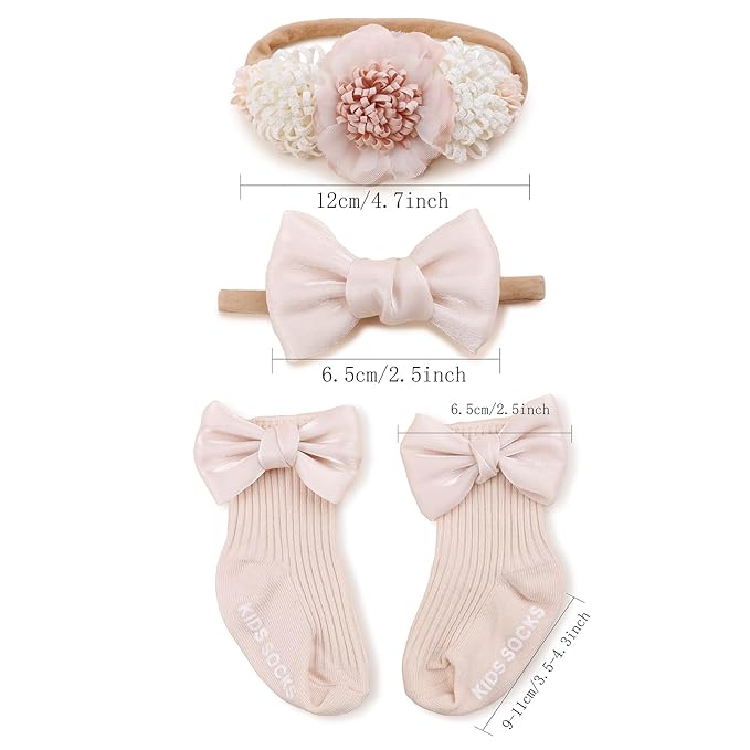 cherrboll Baby Girl Headbands and Socks Set, 3Pcs Soft Floral Hairbands Hair Bows Knit Socks for Newborn Infants Toddlers Photography Props Gifts
