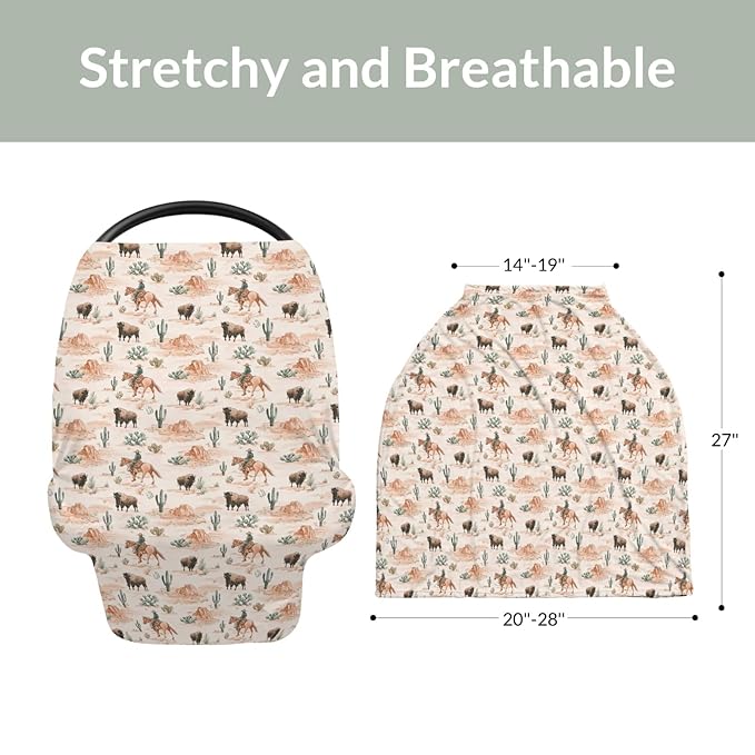 Vintage Cowboy Buffalo Car Seat Covers for Babies Retro Bison Cactus Stretchy 5-in-1 Cover Adjustable Car Canopy Breastfeeding Cover Western Desert Breathable Nursing Cover-Up