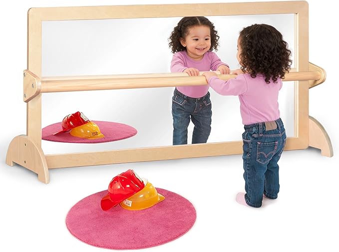 3-Position Montessori Wood Frame Non-Shatter Safety Pull Up Bar Baby Big Mirror Set, Infant Coordination Mirror, Kids Classroom Furniture for Daycare, Homeschool or Preschool