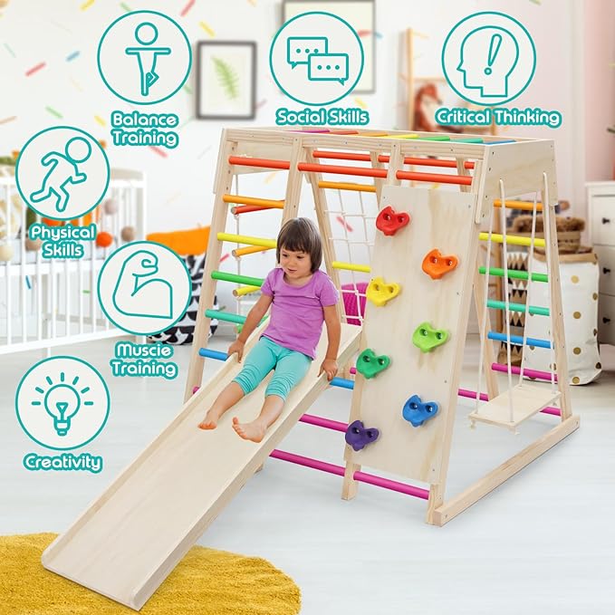 EDOSTORY 7 in 1 Pikler Indoor Playground Jungle Gym Playset, Wooden Montessori Climber with Slide, Rock Climb Wall, Monkey Bars, Rope Ladder, Climbing Rope and Swing for Kids（Rainbow）