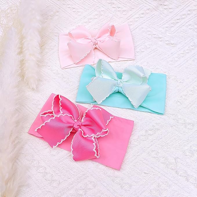 Baby Girl Soft Nylon Bow Elastic Headband Turban Toddler Infant Bow-knot Stretchy Hair Band Birthday Party Hair Bow Ribbon Accessories for Newborn Baby (Bow 1 - Green, Elastic)