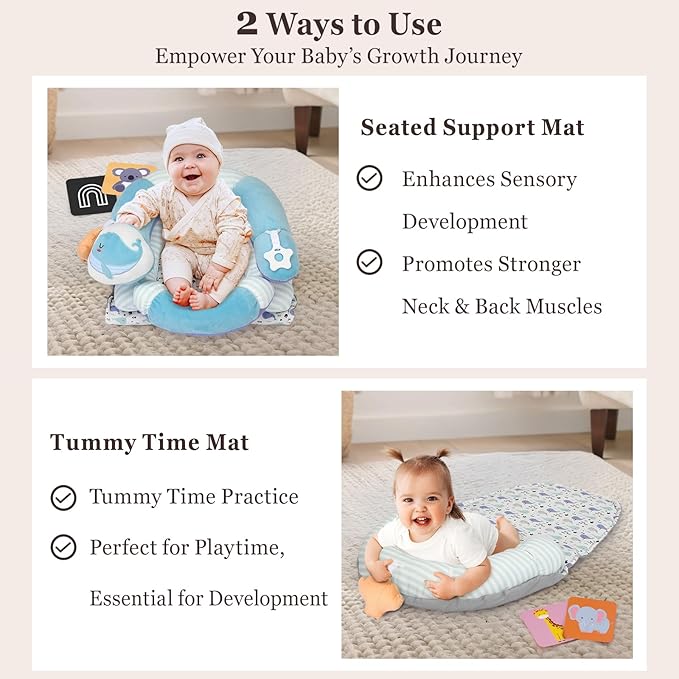 Foryoomi 4 in 1 Tummy Time Mat with Educational Cards, Play Mat & Sitting Support for Newborn 0-12 Months, Infant Baby Sit Me Up Floor Seat, Sensory Skills Gifts, Blue Whale