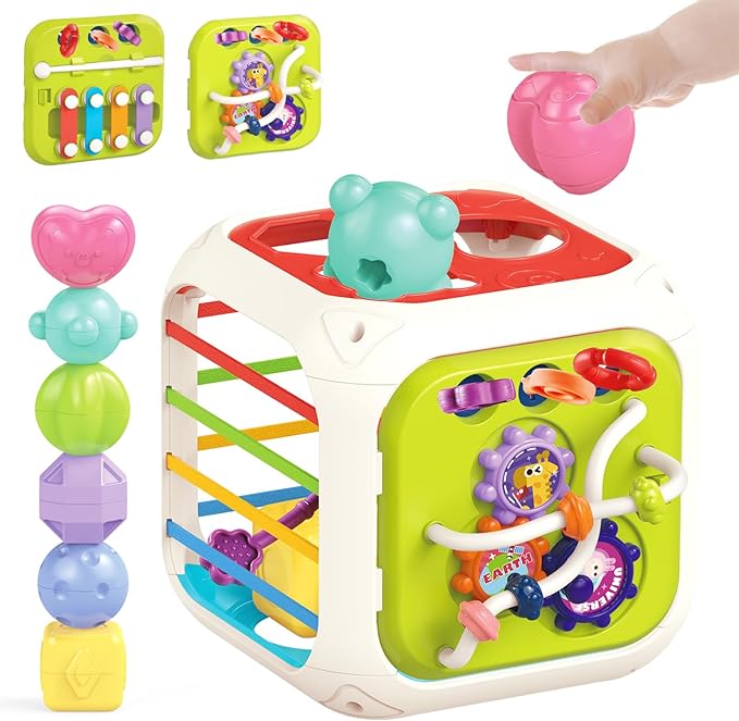 7 in1 Sensory Development Multifunctional Sensory Teething Toys for 2 Year Old Boy Girl,Shape Sorter Pull String Travel Car Toys for 18 Month