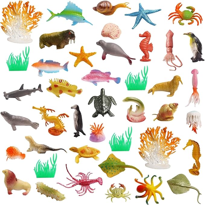 OuMuaMua 42pcs Realistic Mini Sea Creature Figure Toys - Ocean Animals, Bath Toys for Kids & Toddlers