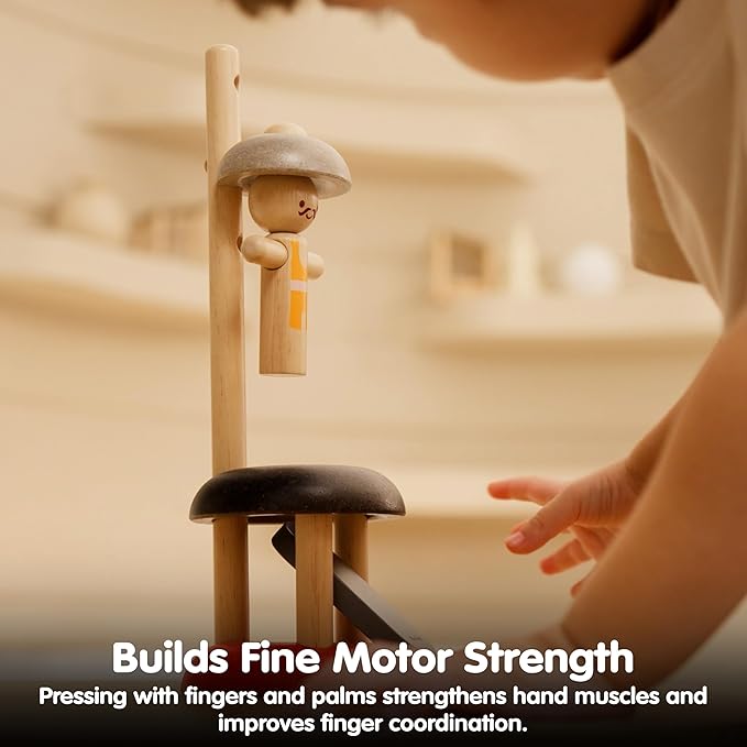PlanToys® Wooden Jumping Acrobat Toy | Montessori Inspired Cause & Effect Toy for Force Control, Coordination & Reaction Play | Eco Friendly Push & Jump Learning Activity