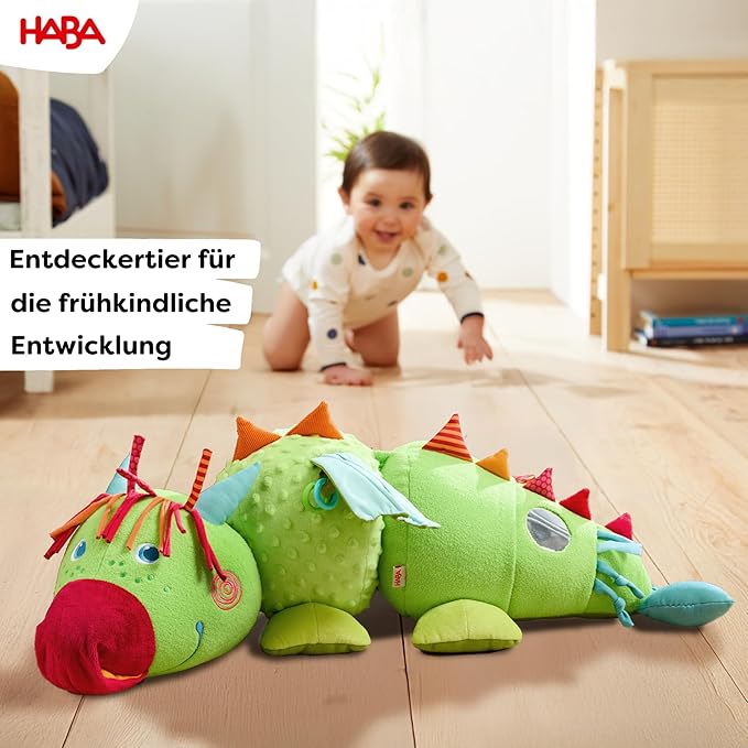 HABA Rudy 2012334001 Soft Toy Dragon with Acoustic and Tactical Elements, Rattle, Squeaker and Mirror, Soft Toy for Children from 6 Months