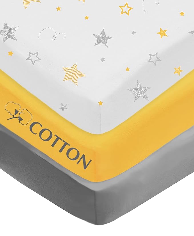 American Baby Company 3 Pack 100% Natural Cotton Fitted Pack and Play Sheets 39" x 27" - Soft & Breathable Pack N Play Sheets for Playard & Mini Crib Mattress, Yellow Star/Yellow/Gray, for Boy & Girl