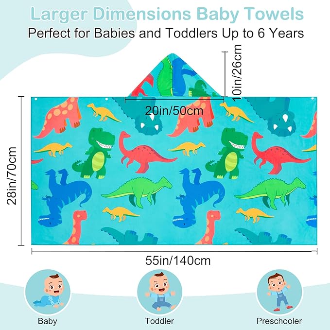 Basumee Toddler Bath Towels with Hood for 0–6 Years 55" x 28" Soft Absorbent Hooded Kids Bath Towel with Button for Boys and Girls Shower Bath Beach Swimming Essentials