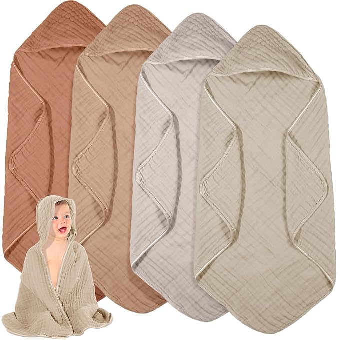 Peryiter 4 Pcs Muslin Hooded Baby Towels 32 x 32 Inch Cotton Newborn Bath Essentials Muslin Infant Blankets Absorbent Registry Gifts for Girl Boy Kids Baby Shower (Brown Series)