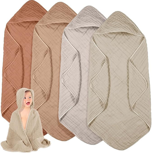 Peryiter 4 Pcs Muslin Hooded Baby Towels 32 x 32 Inch Cotton Newborn Bath Essentials Muslin Infant Blankets Absorbent Registry Gifts for Girl Boy Kids Baby Shower (Brown Series)