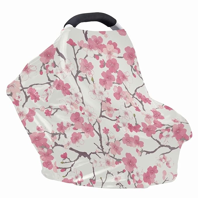 AFPANQZ Pink Peach Flower Baby Car Seat Cover Canopy and Nursing Cover Infant Car Canopy Spring Autumn Winter Snug Warm Breathable Windproof Open Peep Top Universal Fit