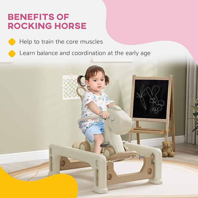 Qaba 5 in 1 Kids Rocking Horse for Toddlers, Kids Spring Rocking Toy Balance Bike Push Cart with Detachable Base, Horse-Shaped Rocker with Safety Guardrails, Footrests, Push Handle, Cream White
